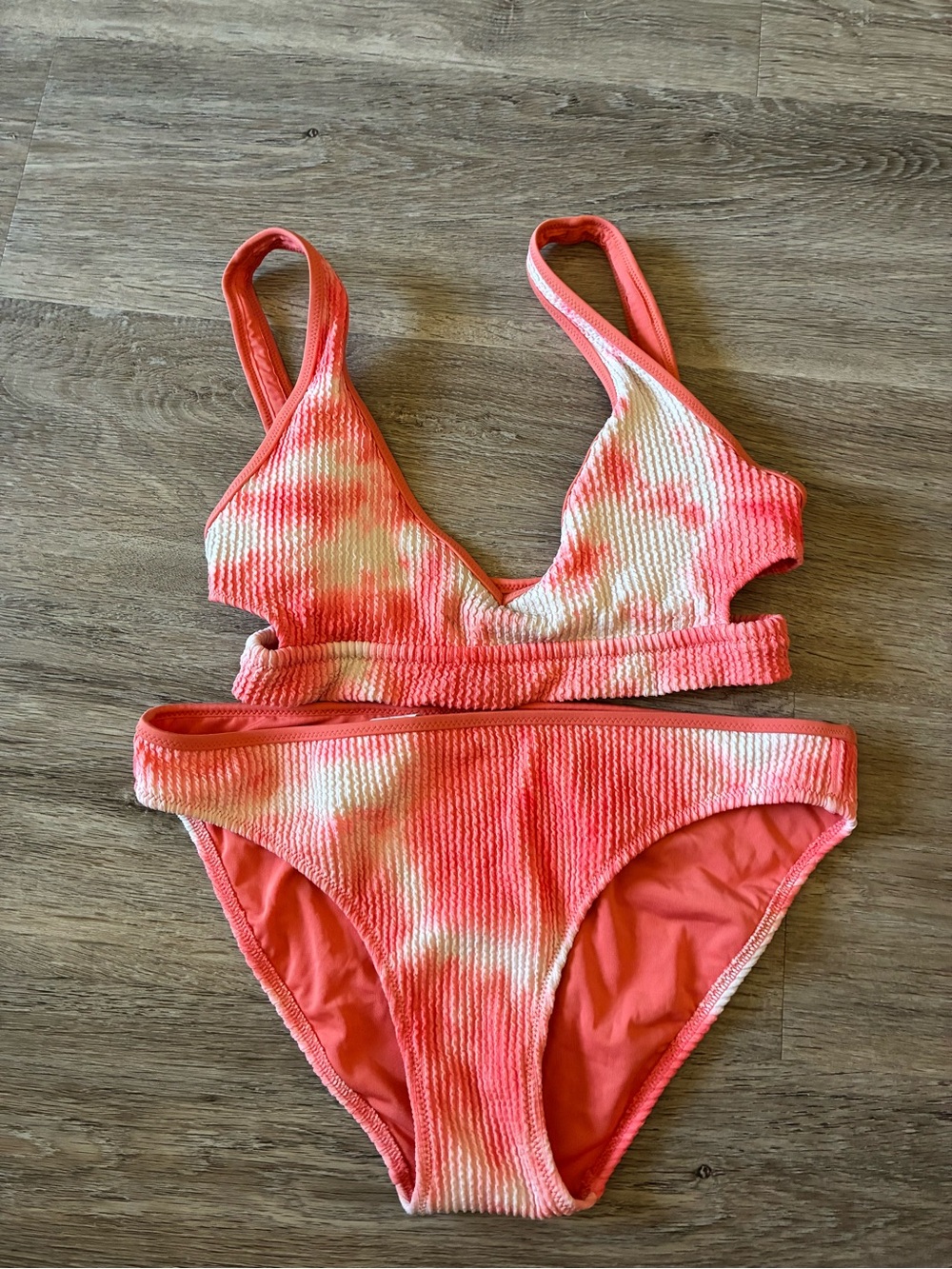Aerie Women’s Coral and Cream Tie-Dye Ribbed Two Piece Bikini Set